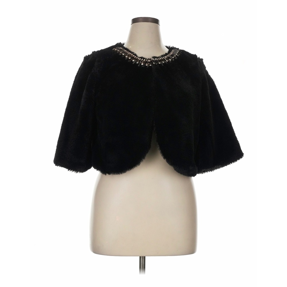 Haani Black Faux‎ Mink Fur Bolero Shrug Beaded Neckline Cropped Jacket XL